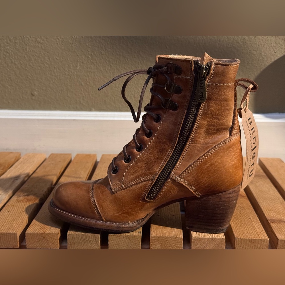 NET BED STU CAMEL TAN LEATHER LACE UP ZIP UP HEELED BOOT 
6 36 - Picture 7 of 9